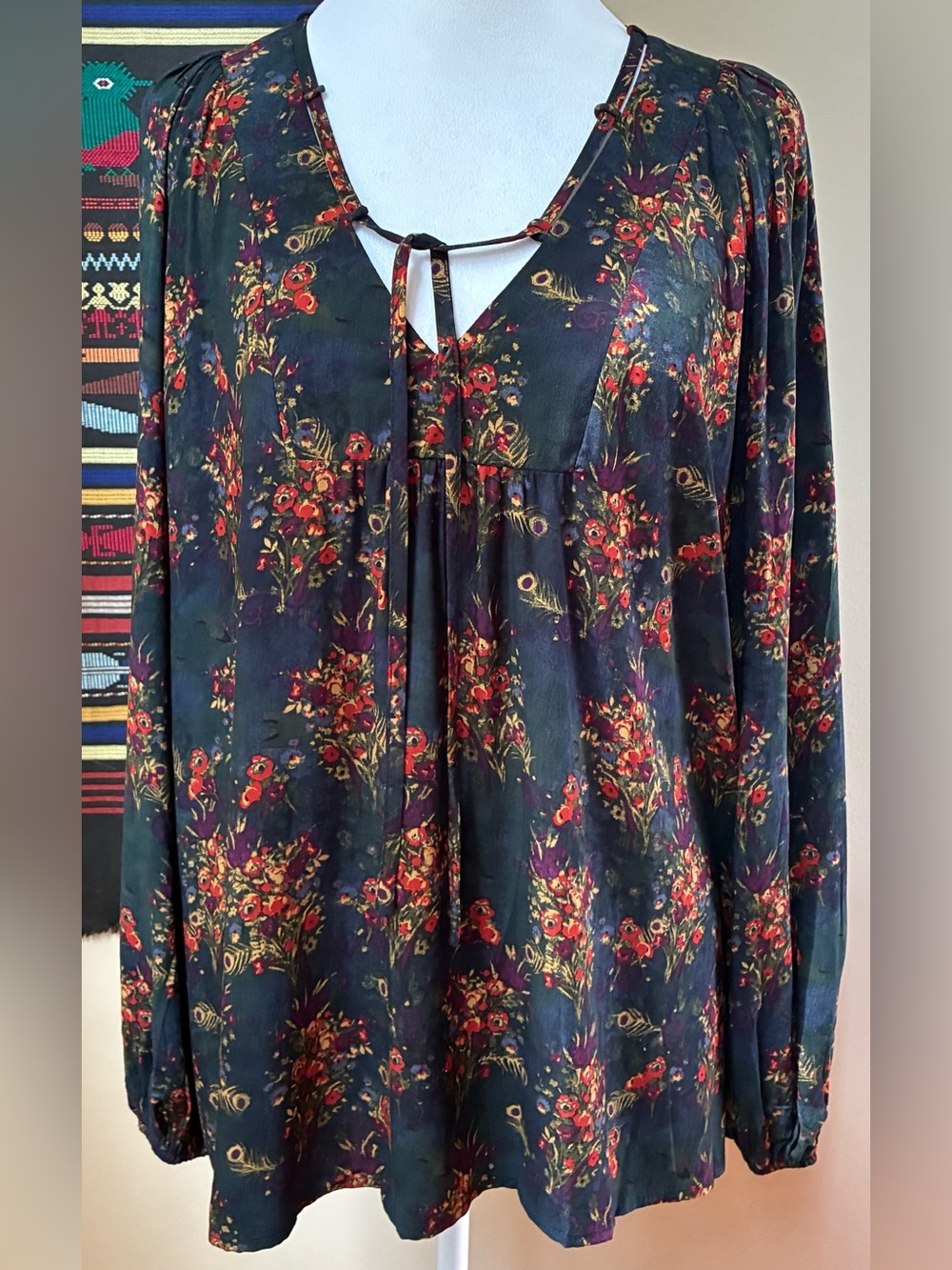 NWT Natural Life Navy Floral Boho V-Neck Peasant Blouse Top Large